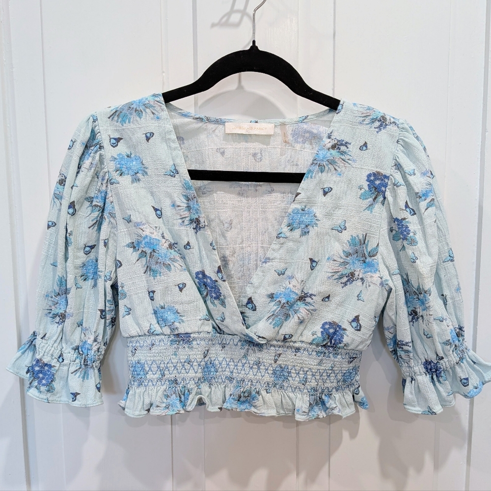 LoveShackFancy Blue Floral V-Neck Crop Blouse | Small